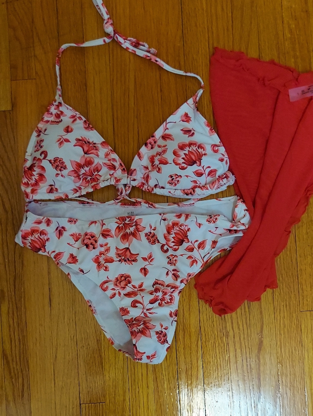 SHEIN White Floral Bikini Set with Red Flower Print